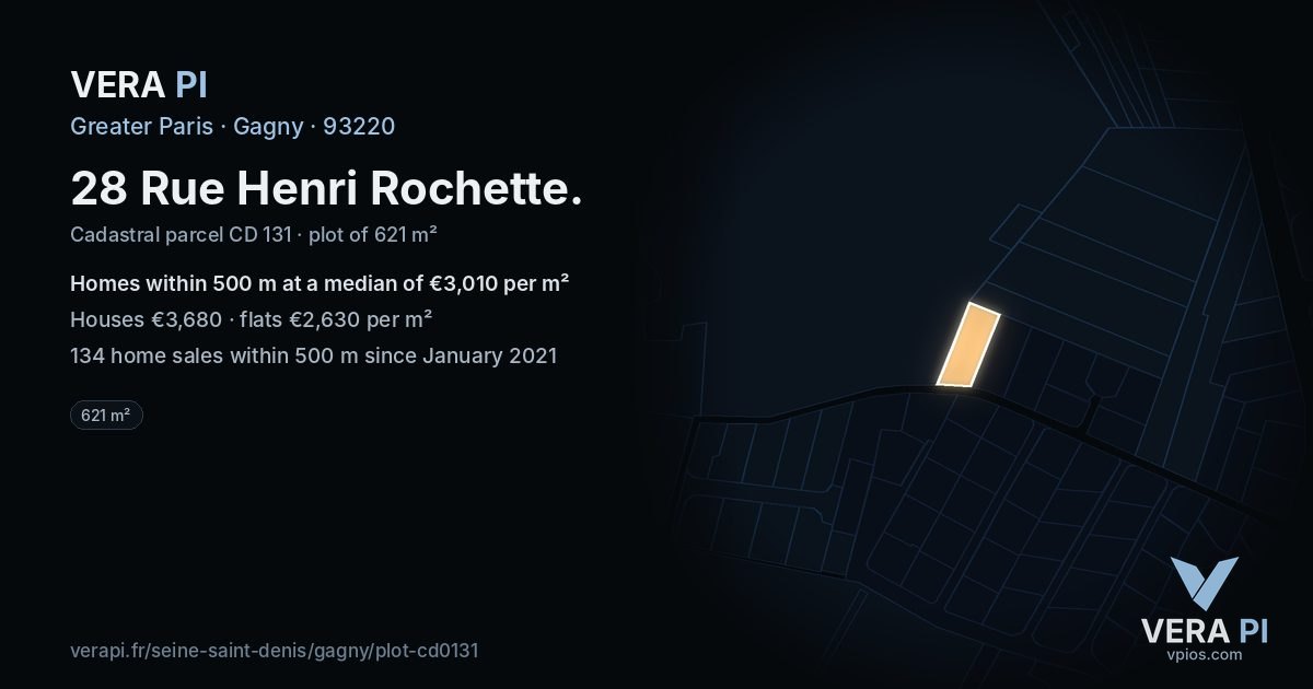 28 Rue Henri Rochette, Gagny at night – the plot lit, the parcels around coloured by the prices near them