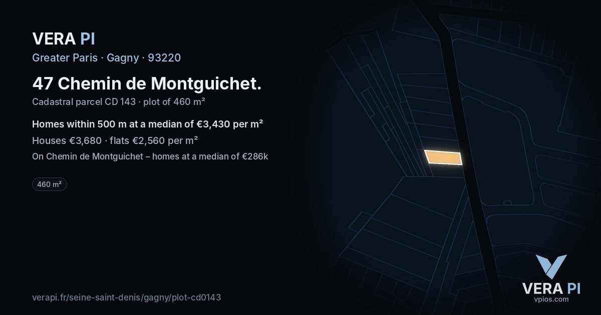 47 Chemin de Montguichet, Gagny at night – the plot lit, the parcels around coloured by the prices near them