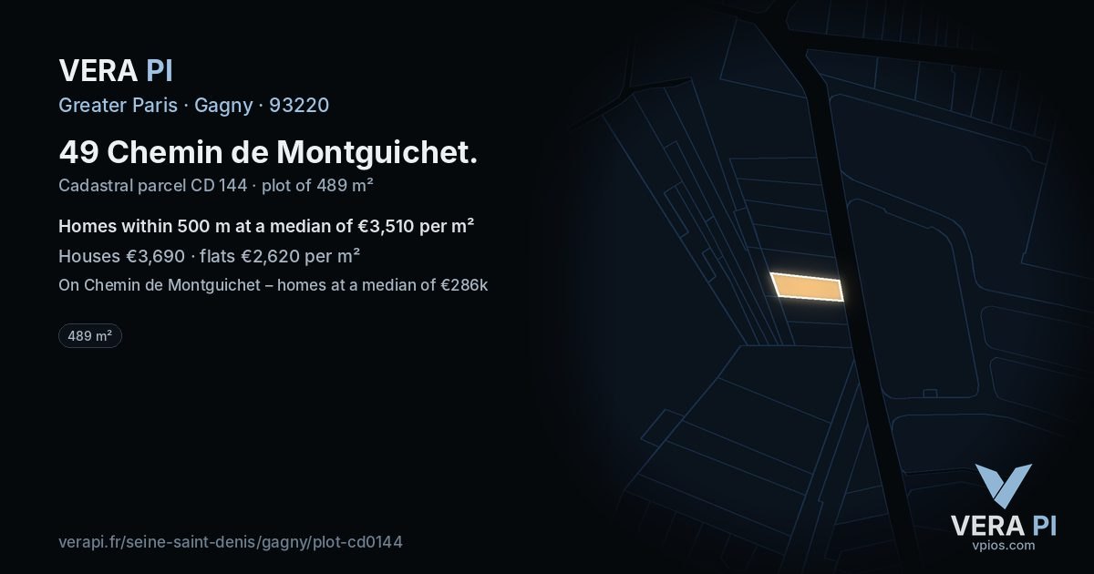 49 Chemin de Montguichet, Gagny at night – the plot lit, the parcels around coloured by the prices near them
