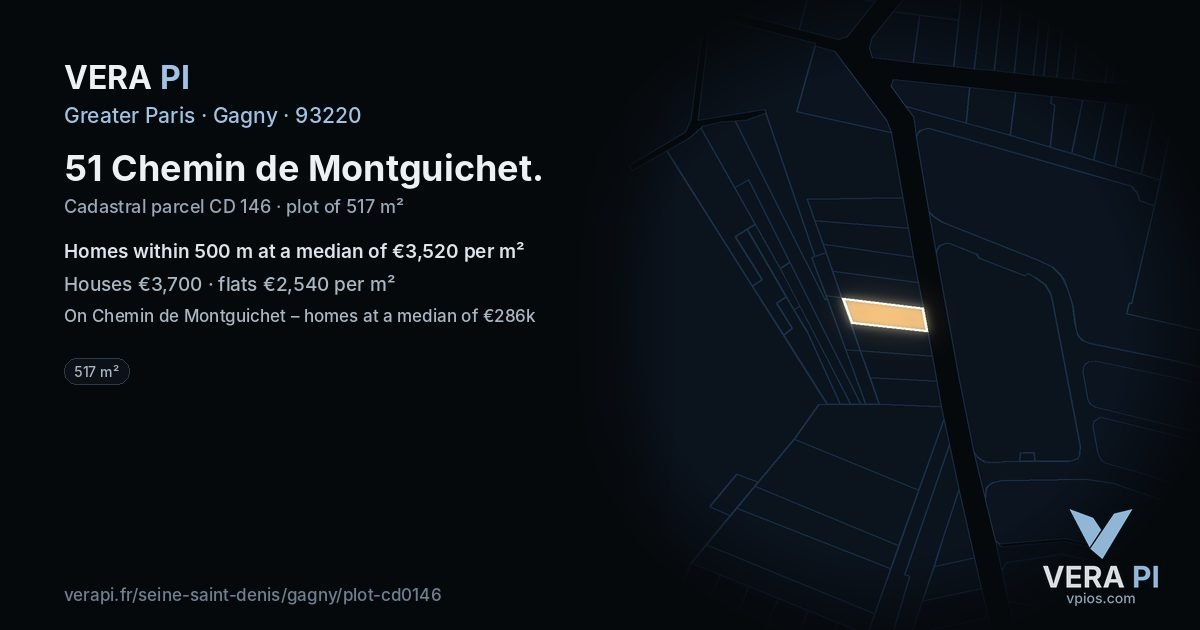 51 Chemin de Montguichet, Gagny at night – the plot lit, the parcels around coloured by the prices near them