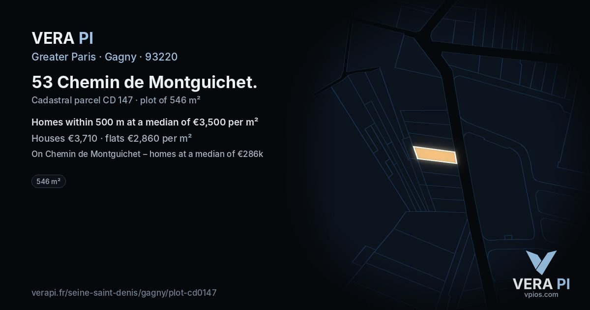 53 Chemin de Montguichet, Gagny at night – the plot lit, the parcels around coloured by the prices near them