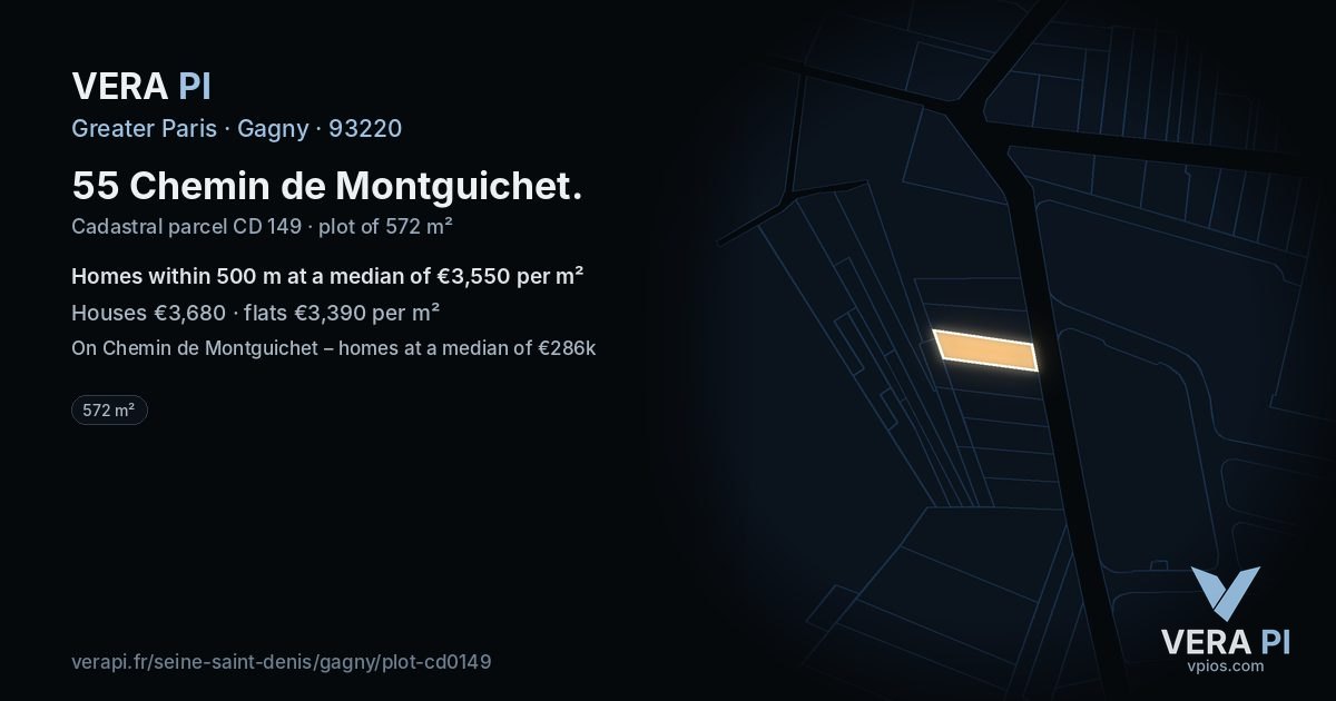 55 Chemin de Montguichet, Gagny at night – the plot lit, the parcels around coloured by the prices near them