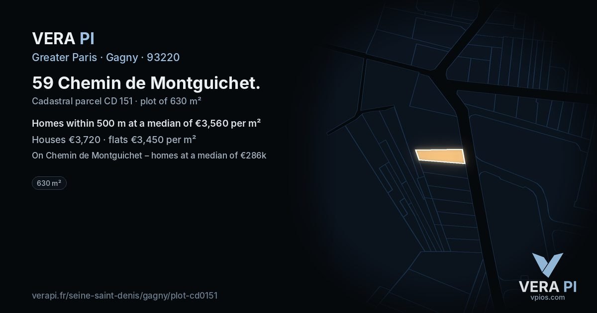 59 Chemin de Montguichet, Gagny at night – the plot lit, the parcels around coloured by the prices near them
