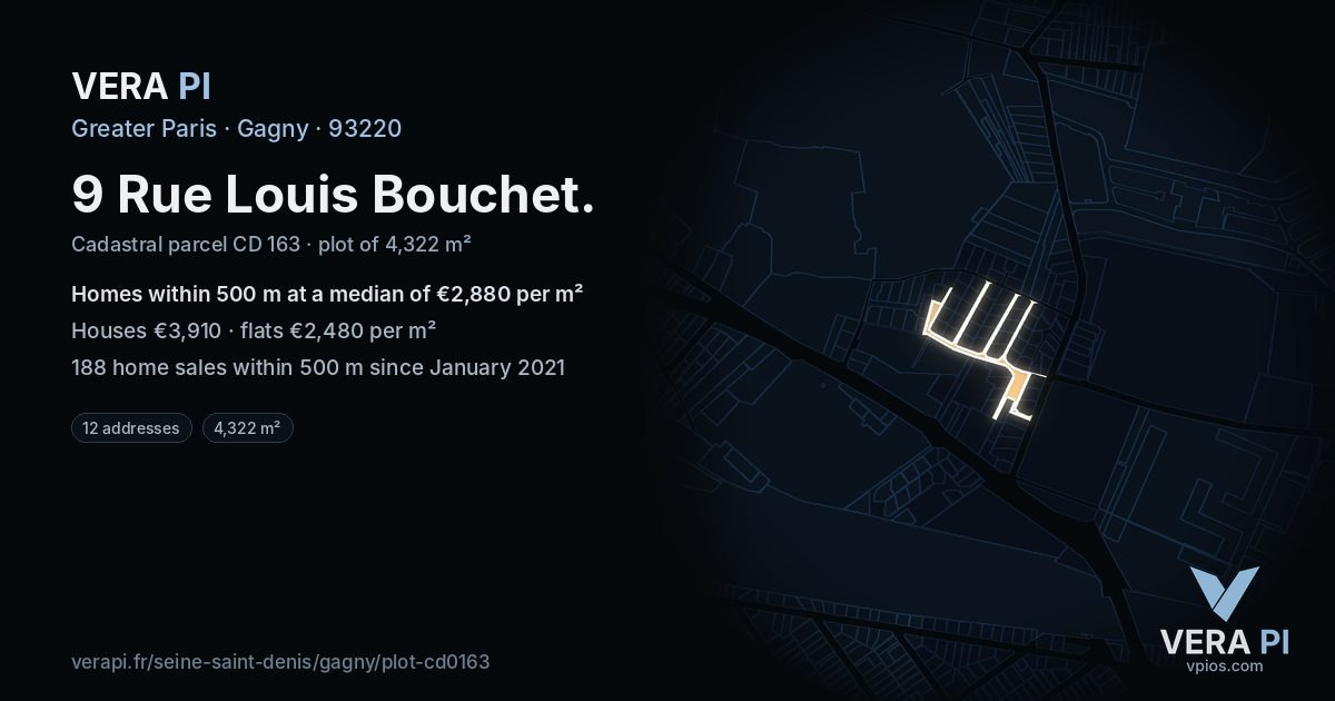 9 Rue Louis Bouchet, Gagny at night – the plot lit, the parcels around coloured by the prices near them