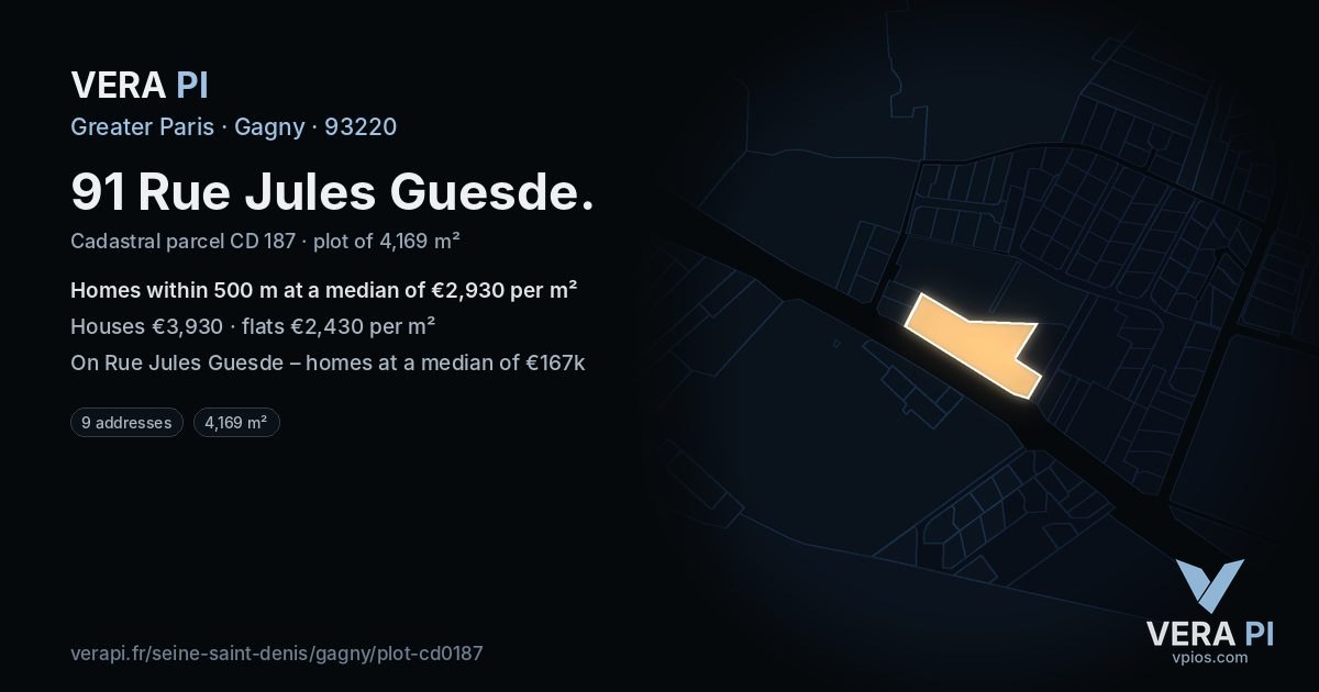 91 Rue Jules Guesde, Gagny at night – the plot lit, the parcels around coloured by the prices near them