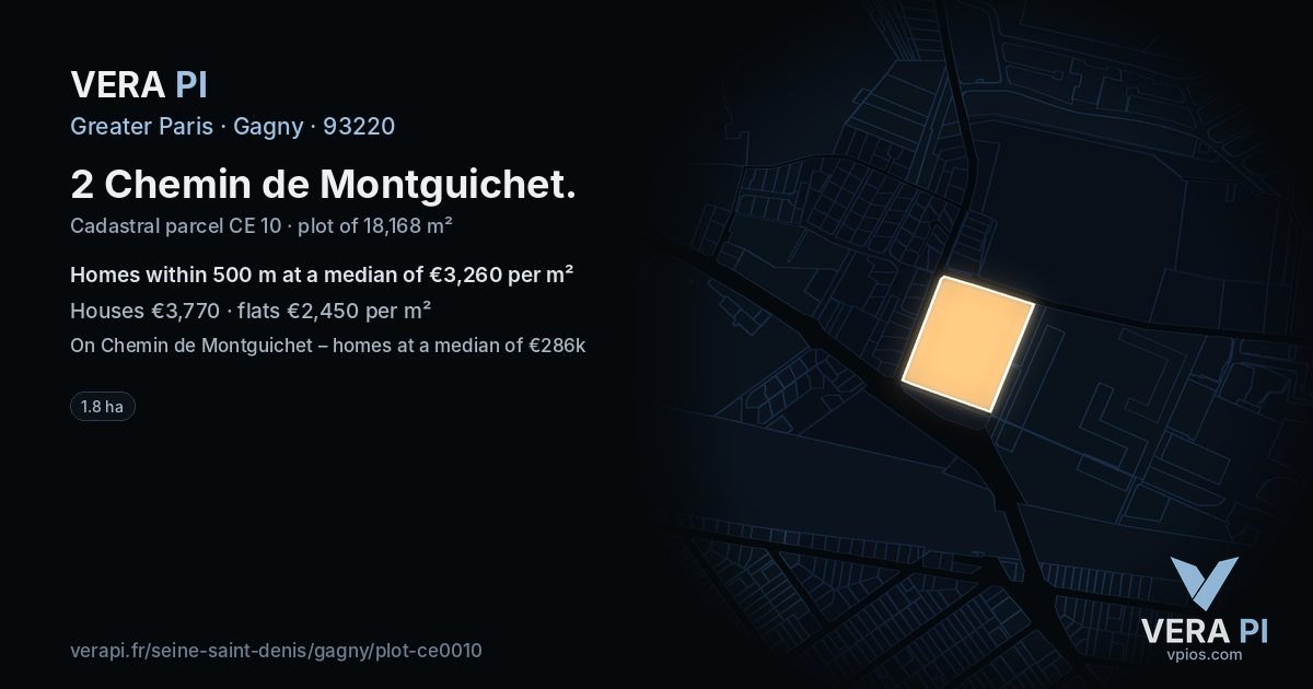 2 Chemin de Montguichet, Gagny at night – the plot lit, the parcels around coloured by the prices near them