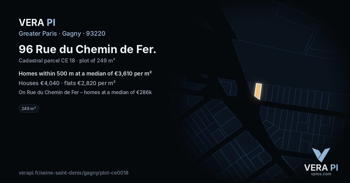 96 Rue du Chemin de Fer, Gagny at night – the plot lit, the parcels around coloured by the prices near them