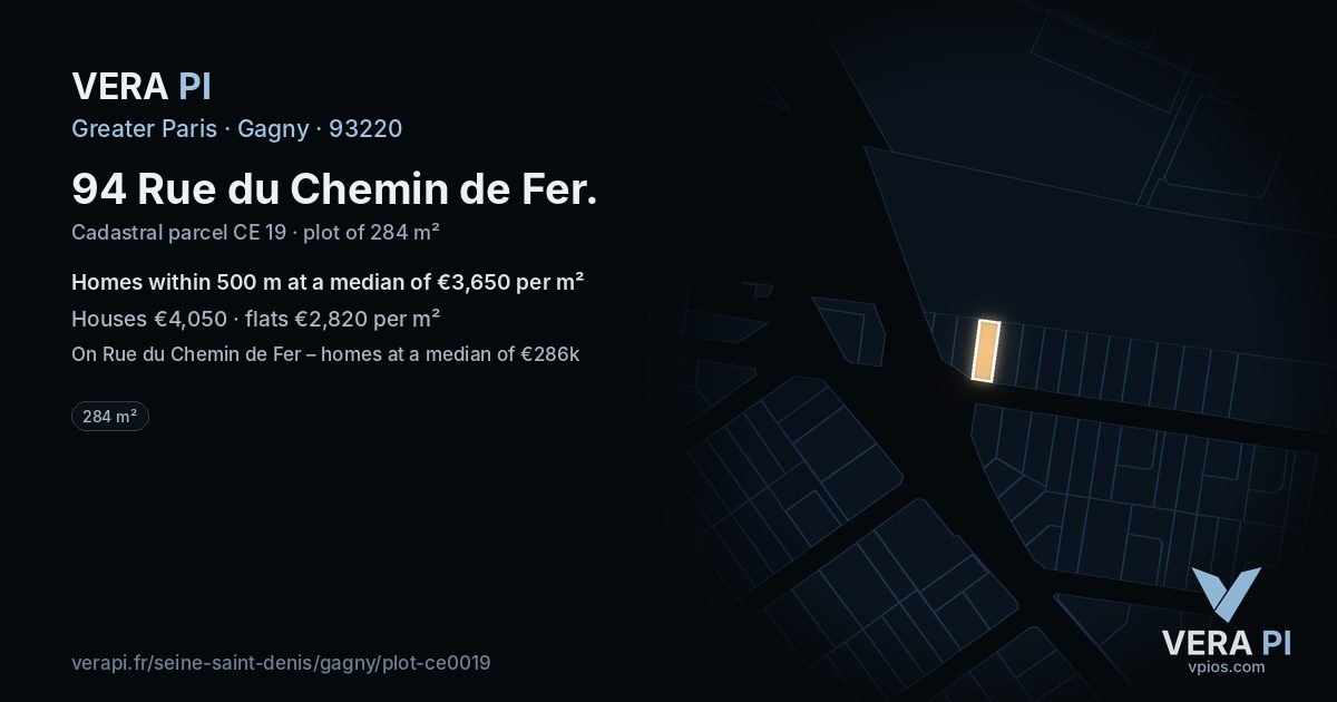 94 Rue du Chemin de Fer, Gagny at night – the plot lit, the parcels around coloured by the prices near them
