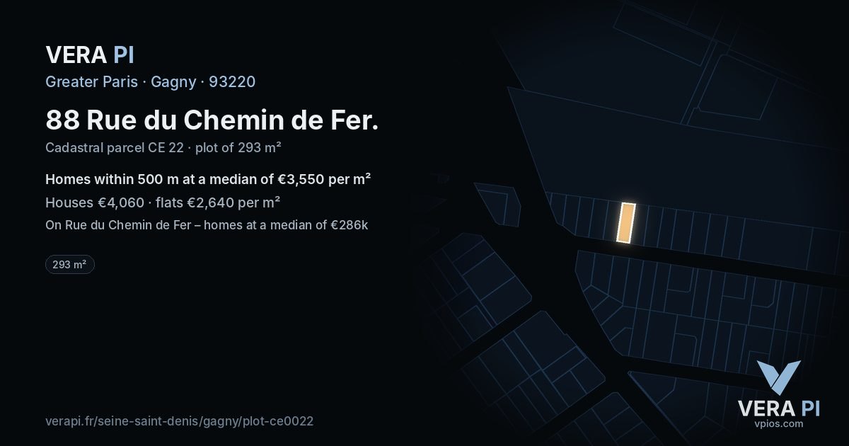 88 Rue du Chemin de Fer, Gagny at night – the plot lit, the parcels around coloured by the prices near them