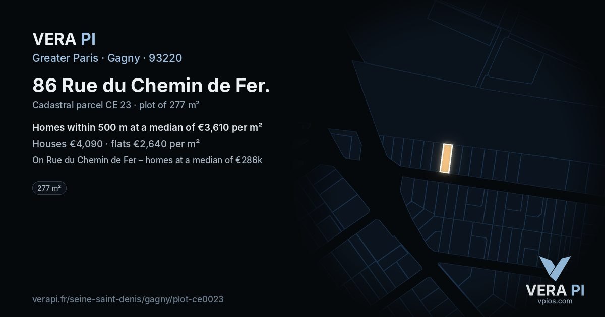 86 Rue du Chemin de Fer, Gagny at night – the plot lit, the parcels around coloured by the prices near them