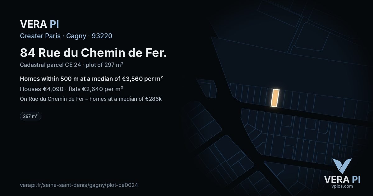 84 Rue du Chemin de Fer, Gagny at night – the plot lit, the parcels around coloured by the prices near them