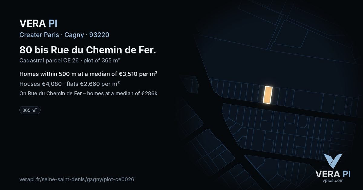 80 bis Rue du Chemin de Fer, Gagny at night – the plot lit, the parcels around coloured by the prices near them