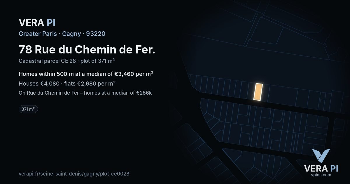 78 Rue du Chemin de Fer, Gagny at night – the plot lit, the parcels around coloured by the prices near them