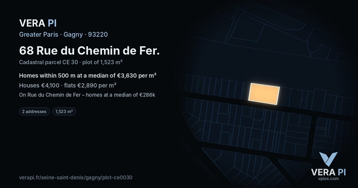 68 Rue du Chemin de Fer, Gagny at night – the plot lit, the parcels around coloured by the prices near them