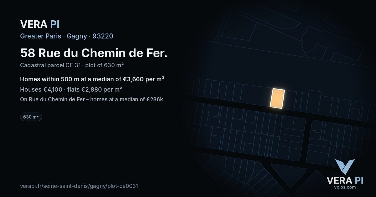 58 Rue du Chemin de Fer, Gagny at night – the plot lit, the parcels around coloured by the prices near them