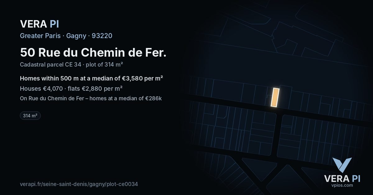 50 Rue du Chemin de Fer, Gagny at night – the plot lit, the parcels around coloured by the prices near them