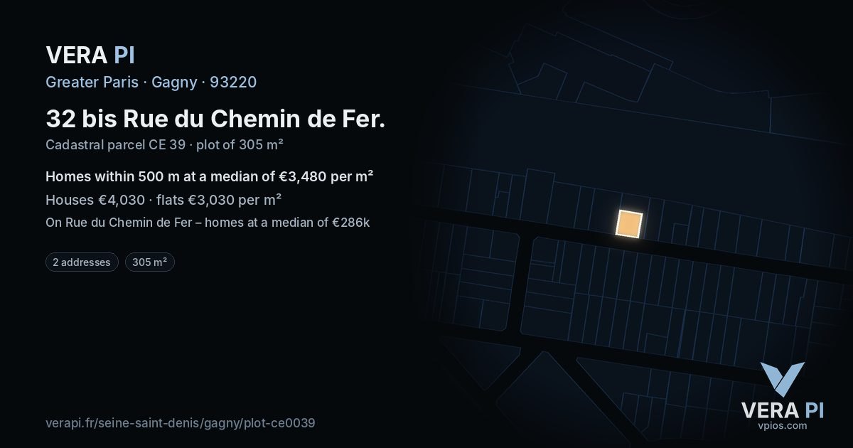 32 bis Rue du Chemin de Fer, Gagny at night – the plot lit, the parcels around coloured by the prices near them
