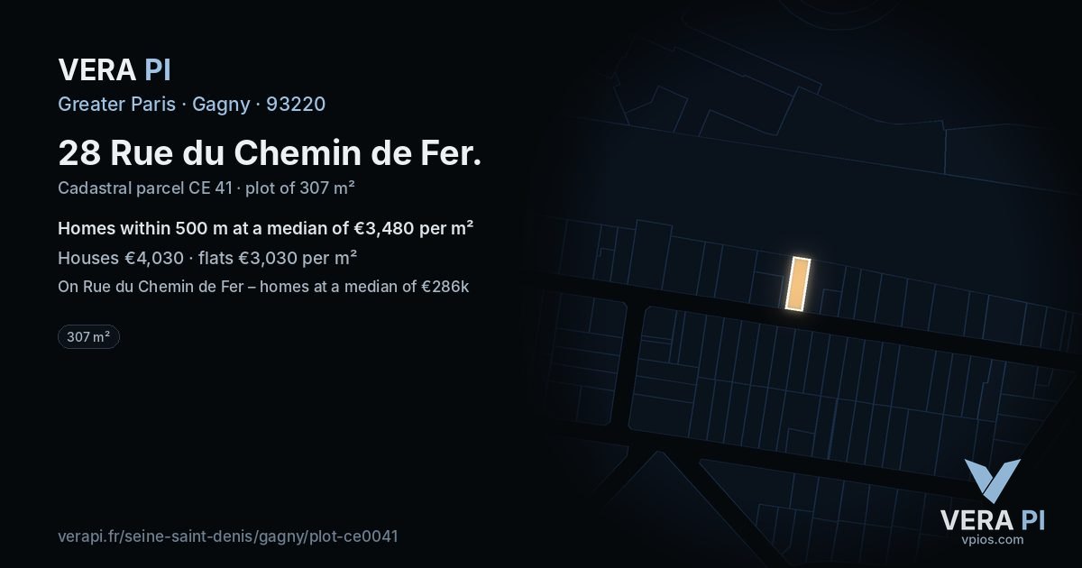 28 Rue du Chemin de Fer, Gagny at night – the plot lit, the parcels around coloured by the prices near them