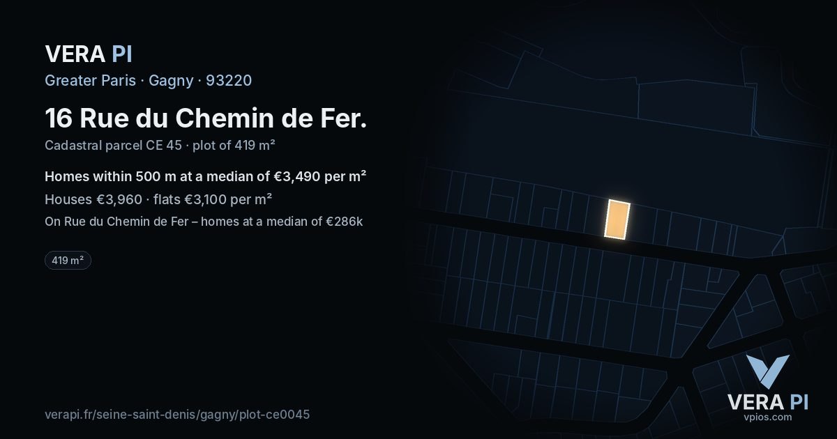 16 Rue du Chemin de Fer, Gagny at night – the plot lit, the parcels around coloured by the prices near them