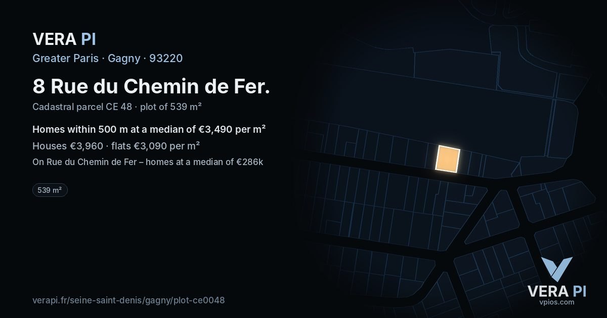 8 Rue du Chemin de Fer, Gagny at night – the plot lit, the parcels around coloured by the prices near them