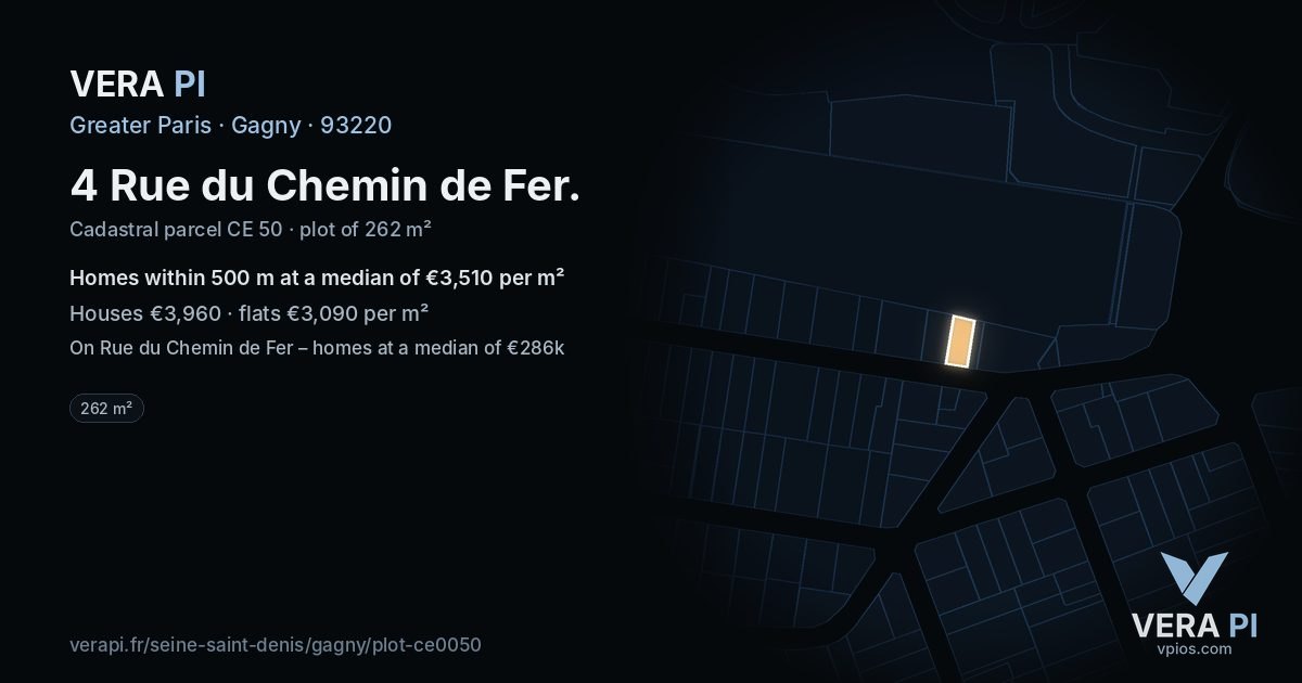 4 Rue du Chemin de Fer, Gagny at night – the plot lit, the parcels around coloured by the prices near them