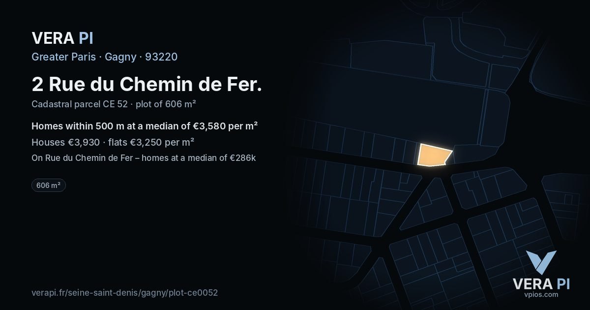 2 Rue du Chemin de Fer, Gagny at night – the plot lit, the parcels around coloured by the prices near them