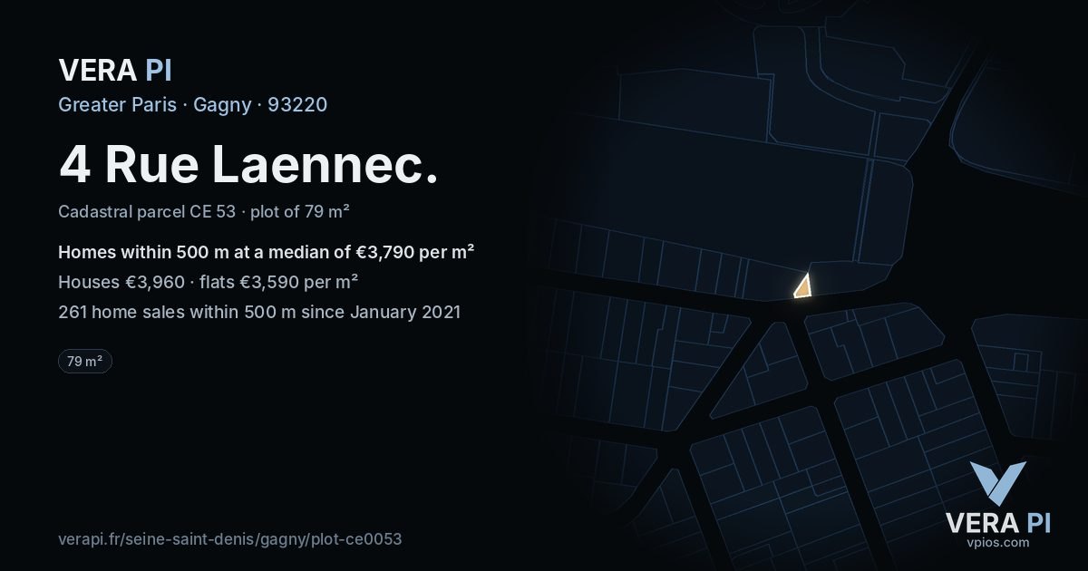 4 Rue Laennec, Gagny at night – the plot lit, the parcels around coloured by the prices near them