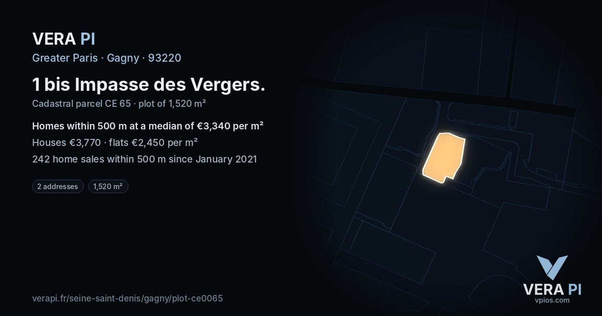 1 bis Impasse des Vergers, Gagny at night – the plot lit, the parcels around coloured by the prices near them