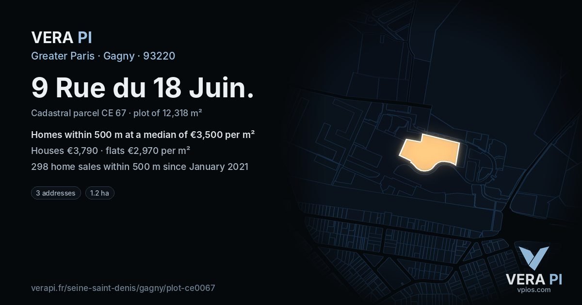 9 Rue du 18 Juin, Gagny at night – the plot lit, the parcels around coloured by the prices near them