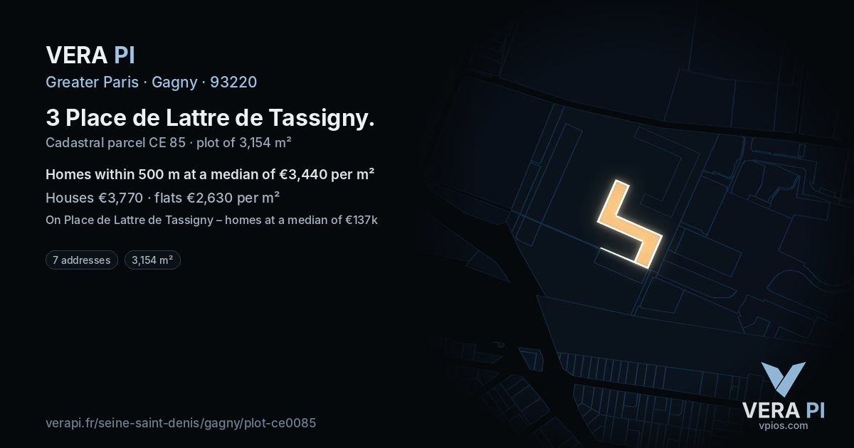 3 Place de Lattre de Tassigny, Gagny at night – the plot lit, the parcels around coloured by the prices near them
