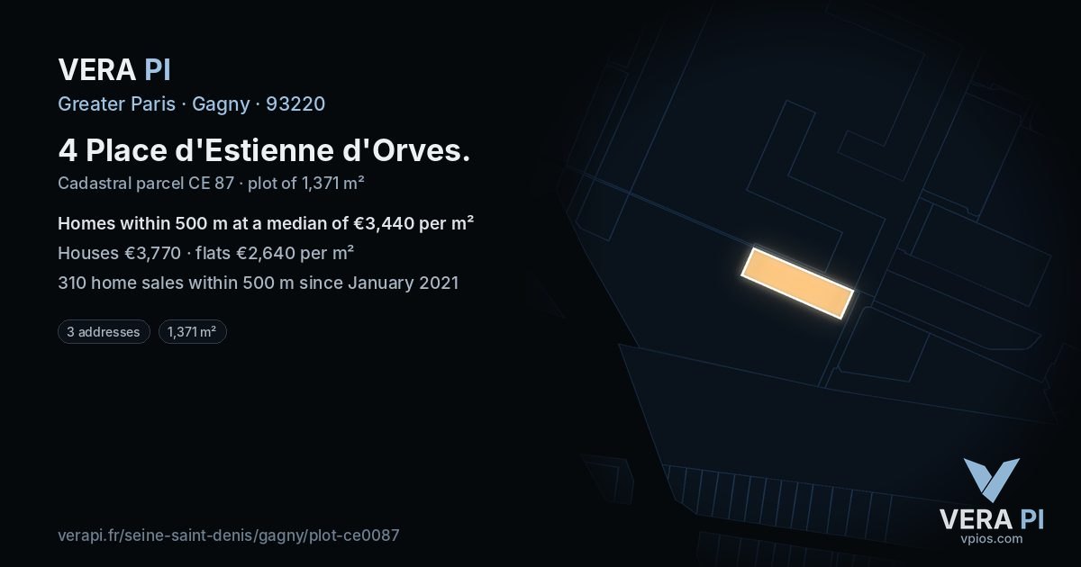 4 Place d'Estienne d'Orves, Gagny at night – the plot lit, the parcels around coloured by the prices near them