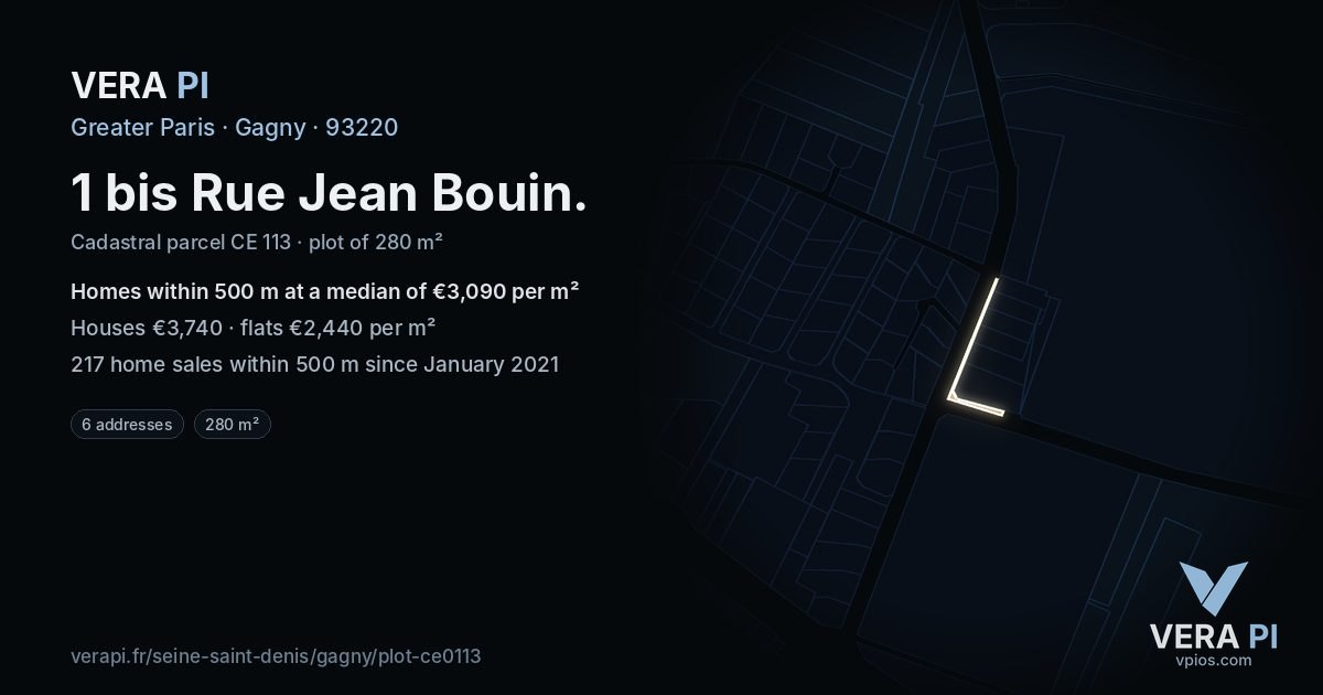 1 bis Rue Jean Bouin, Gagny at night – the plot lit, the parcels around coloured by the prices near them