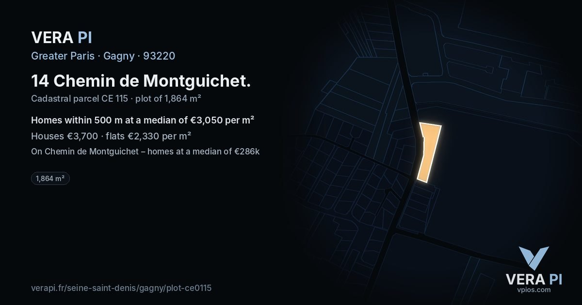 14 Chemin de Montguichet, Gagny at night – the plot lit, the parcels around coloured by the prices near them