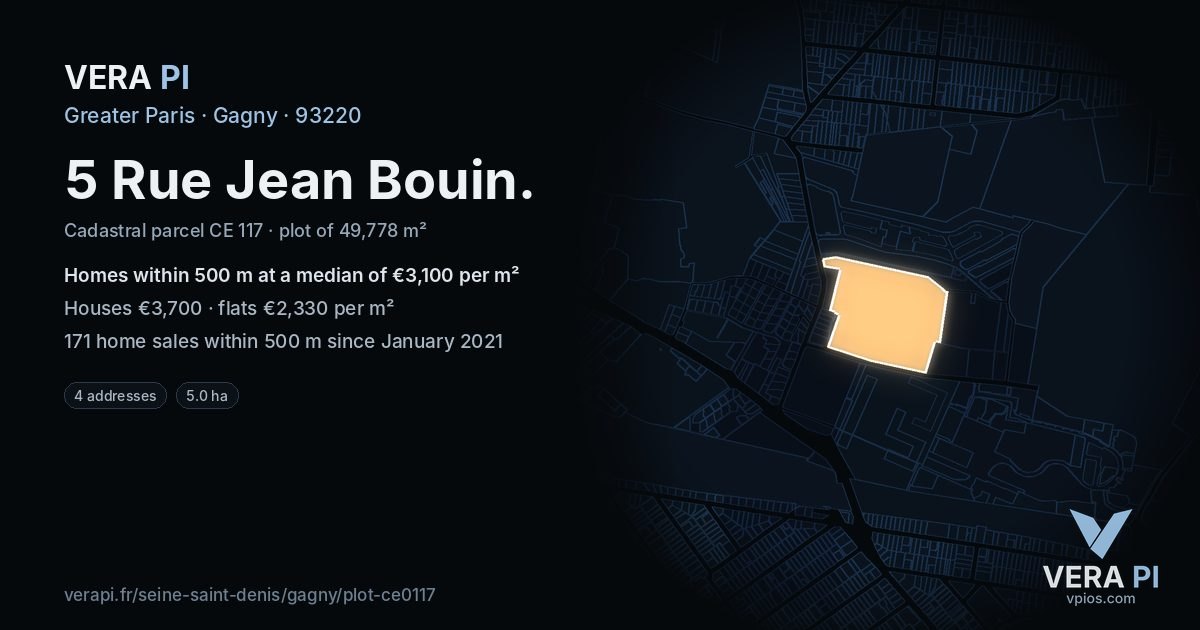 5 Rue Jean Bouin, Gagny at night – the plot lit, the parcels around coloured by the prices near them