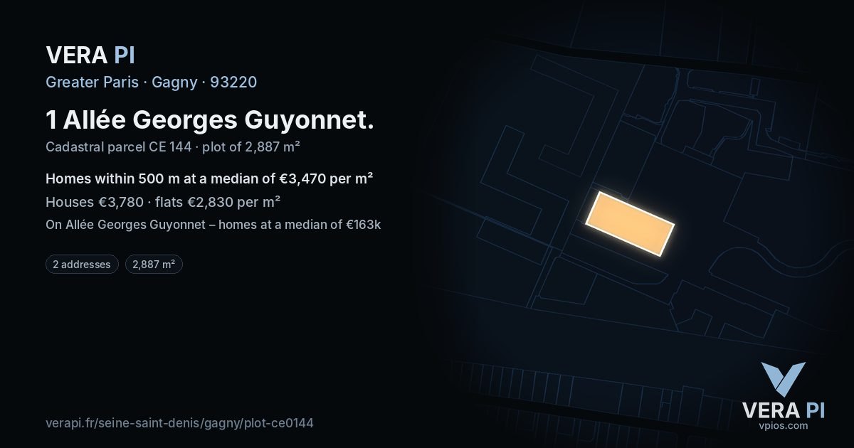 1 Allée Georges Guyonnet, Gagny at night – the plot lit, the parcels around coloured by the prices near them