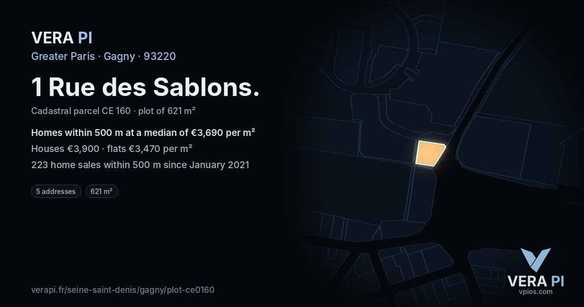 1 Rue des Sablons, Gagny at night – the plot lit, the parcels around coloured by the prices near them