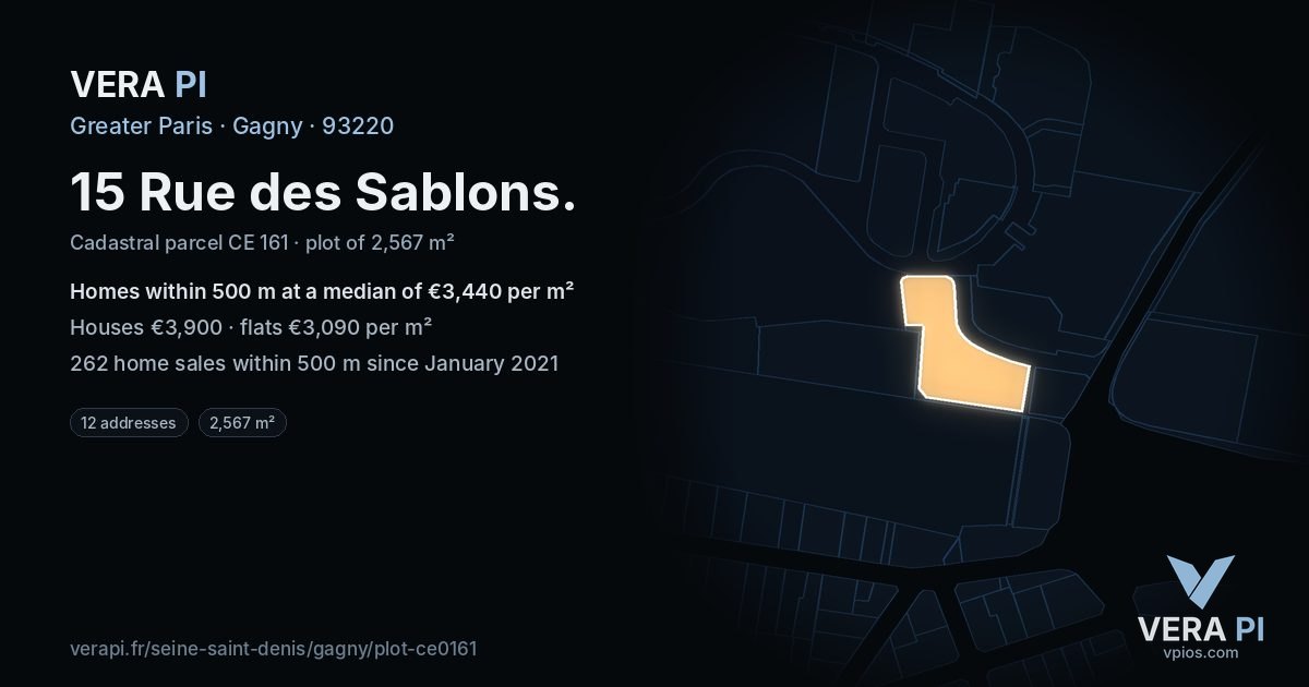 15 Rue des Sablons, Gagny at night – the plot lit, the parcels around coloured by the prices near them