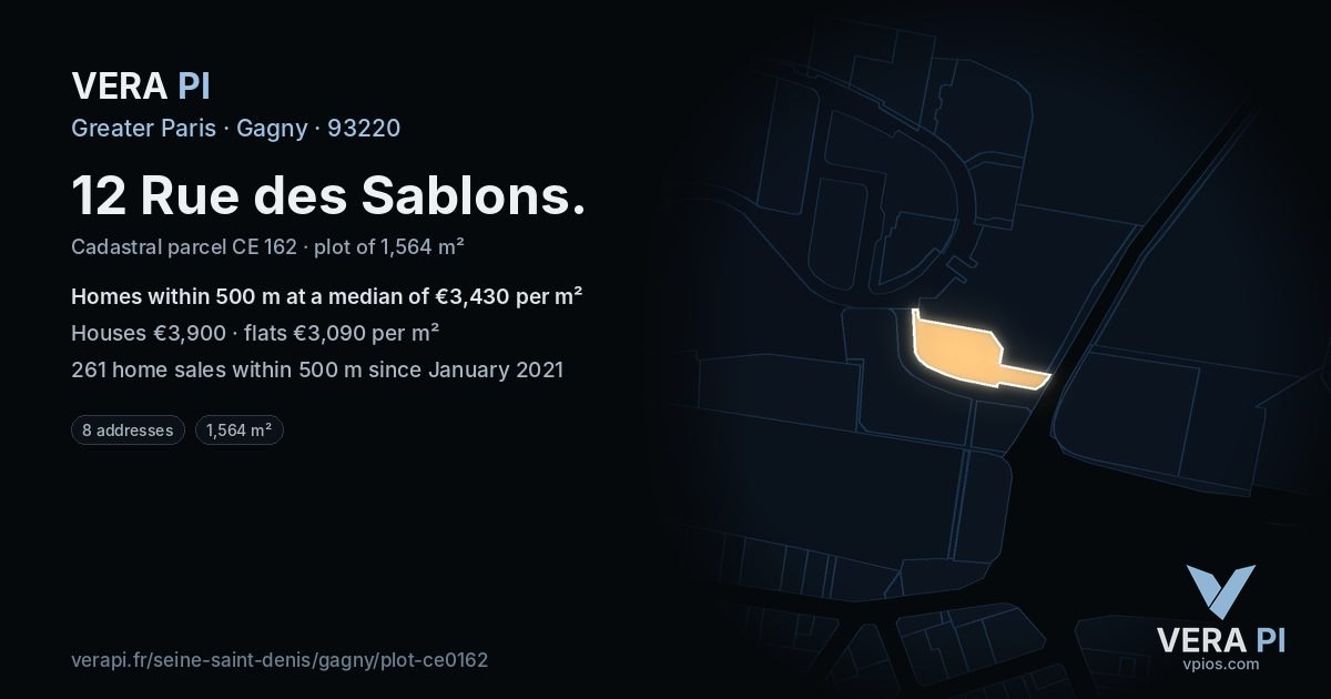 12 Rue des Sablons, Gagny at night – the plot lit, the parcels around coloured by the prices near them