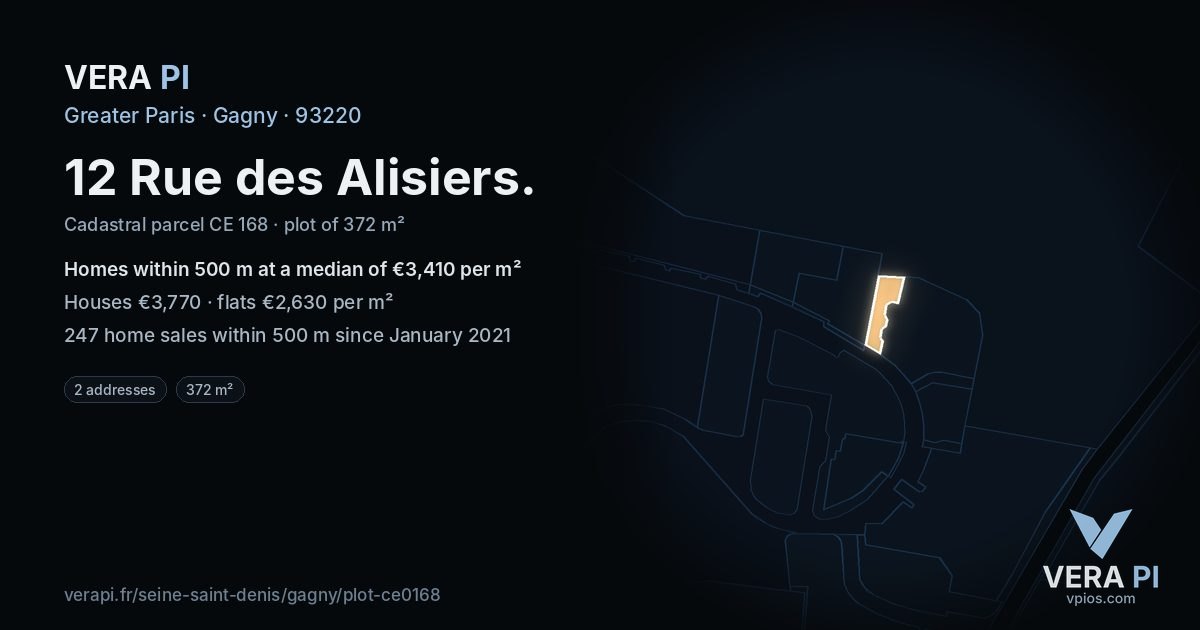 12 Rue des Alisiers, Gagny at night – the plot lit, the parcels around coloured by the prices near them