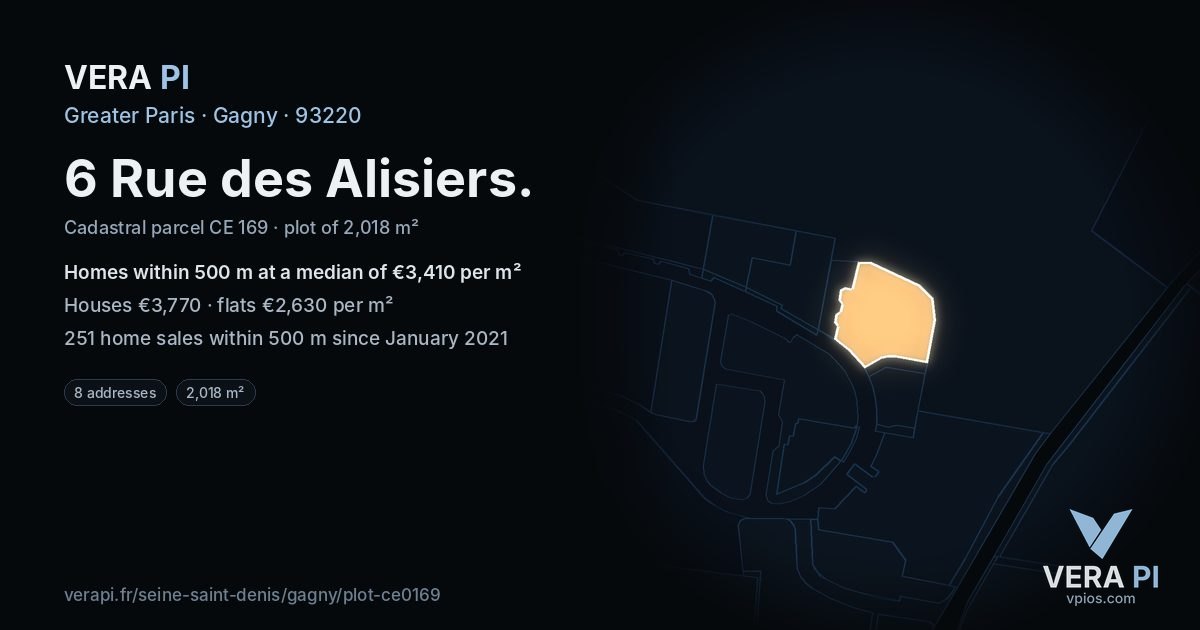 6 Rue des Alisiers, Gagny at night – the plot lit, the parcels around coloured by the prices near them