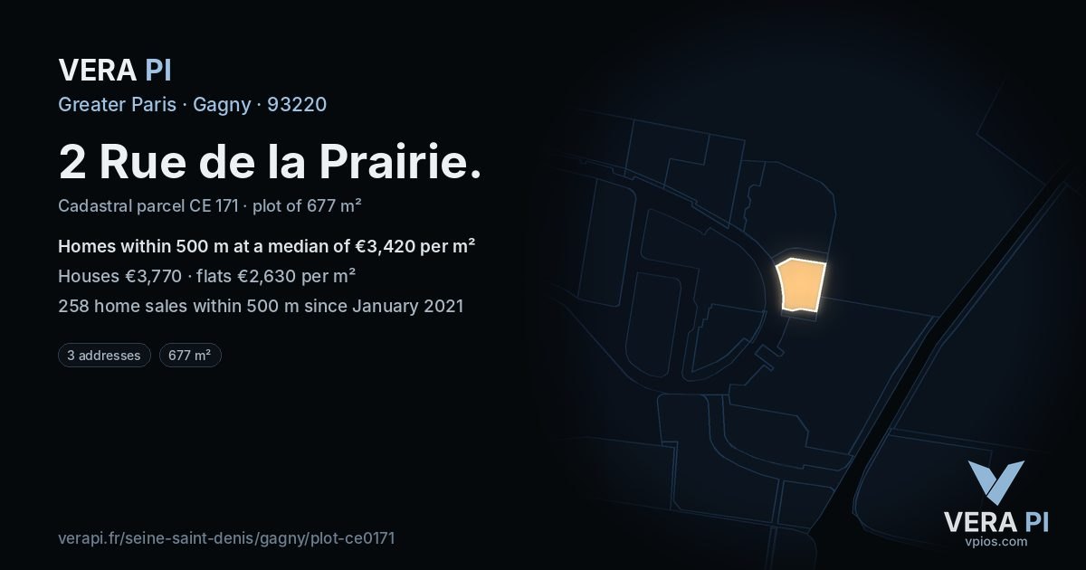 2 Rue de la Prairie, Gagny at night – the plot lit, the parcels around coloured by the prices near them