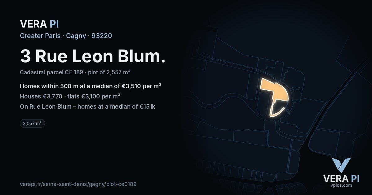 3 Rue Leon Blum, Gagny at night – the plot lit, the parcels around coloured by the prices near them