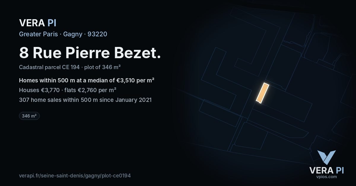 8 Rue Pierre Bezet, Gagny at night – the plot lit, the parcels around coloured by the prices near them