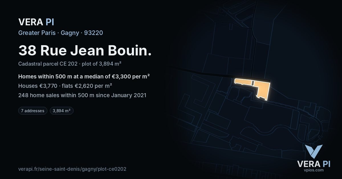38 Rue Jean Bouin, Gagny at night – the plot lit, the parcels around coloured by the prices near them
