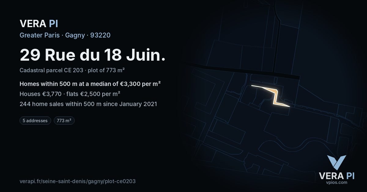 29 Rue du 18 Juin, Gagny at night – the plot lit, the parcels around coloured by the prices near them