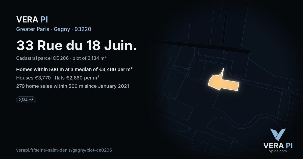 33 Rue du 18 Juin, Gagny at night – the plot lit, the parcels around coloured by the prices near them