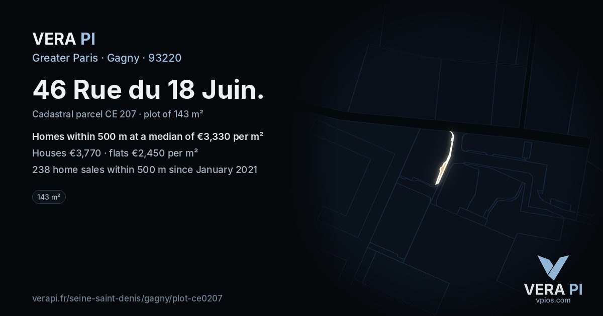 46 Rue du 18 Juin, Gagny at night – the plot lit, the parcels around coloured by the prices near them