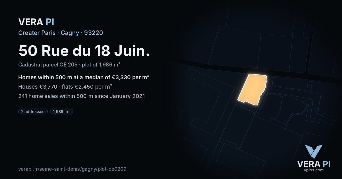 50 Rue du 18 Juin, Gagny at night – the plot lit, the parcels around coloured by the prices near them