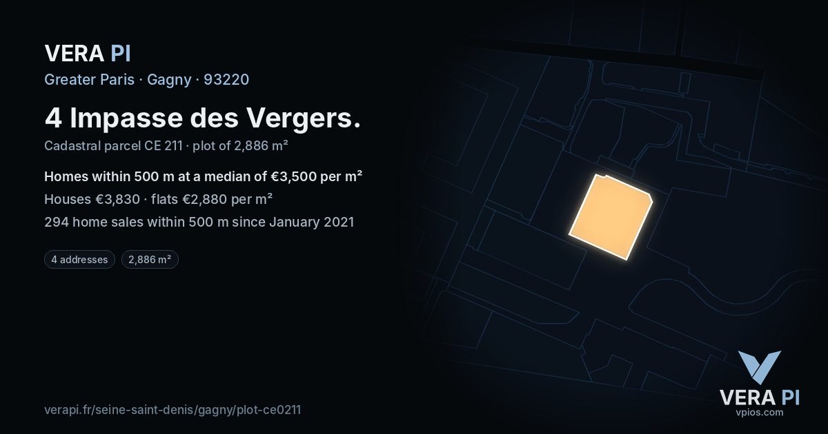 4 Impasse des Vergers, Gagny at night – the plot lit, the parcels around coloured by the prices near them