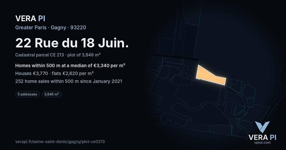 22 Rue du 18 Juin, Gagny at night – the plot lit, the parcels around coloured by the prices near them